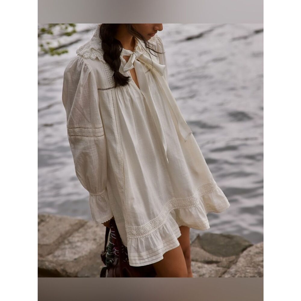Free People Cream Long Sleeve Lace-Trim Dress - Picture 8 of 13